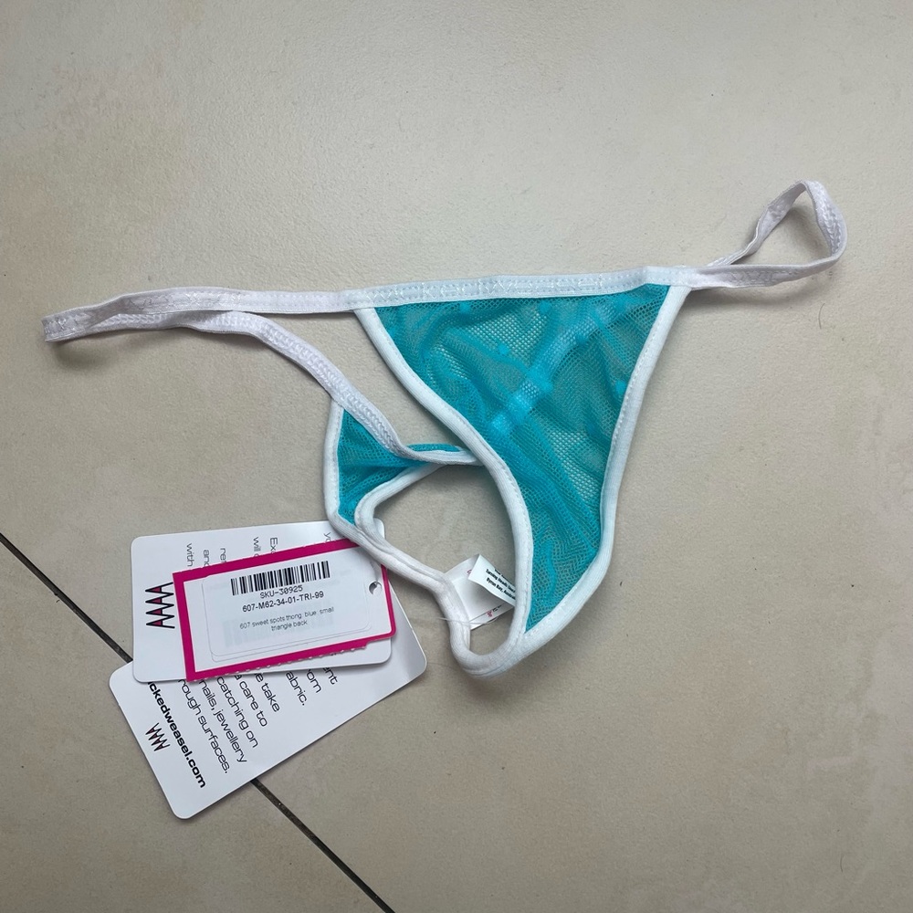 Sheer Teal Mesh Thong with White Trim